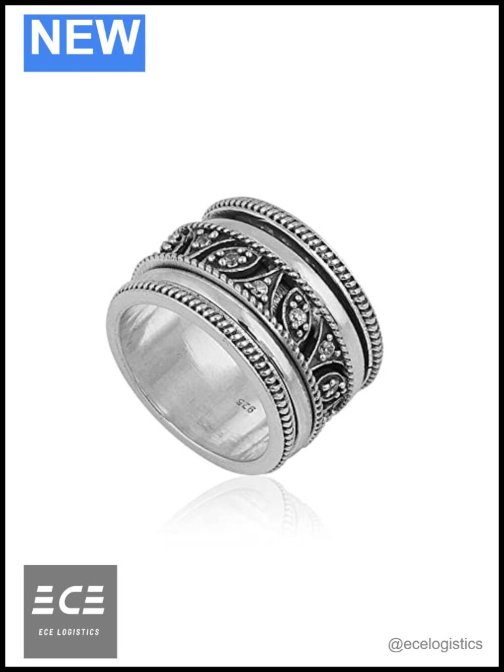 925 Sterling Silver Spinner Ring Cubic Zirconia Fidget Band Meditation Jewelry